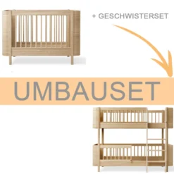 Oliver Furniture Umbauset Wood Mini+ Babybett inkl. Umbauset Juniorbett und Geschwisterset zum halbhohen Etagenbett Eiche