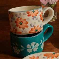 Rice Cappuccino-Tasse Keramik handbemalt White Flower Vine 200 ml