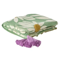 Rice Gestrickte Decke Green Embossed Flowers/ Purple Tassels