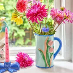 Rice Krug Keramik Mint mit Tulpen handbemalt 1,4 L