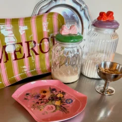 Rice Tablett Metall Flower Bouquet Pink
